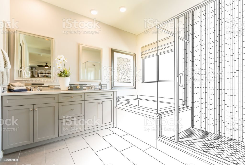 Custom Master Bahroom Design Drawing With Cross Section Of Finished Photo.